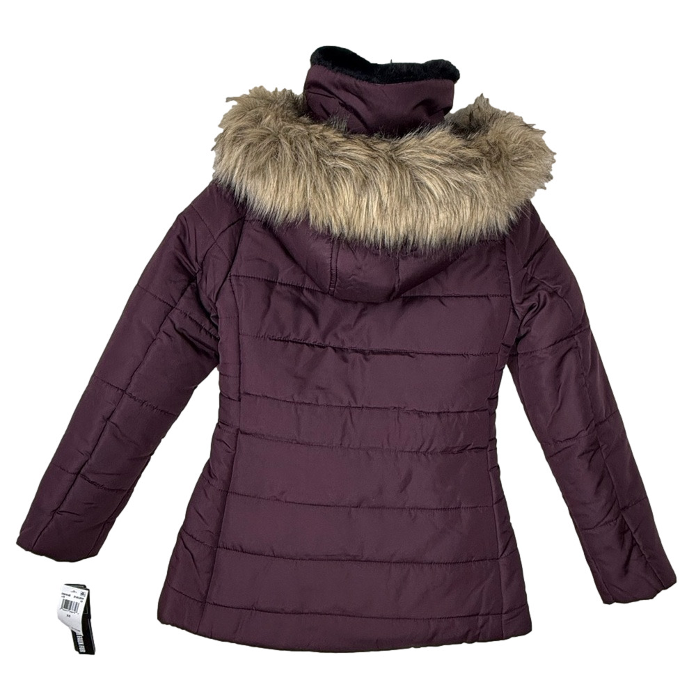 CELEBRITY PINK Women’s size XS Dark Mulberry Hooded Puffer Jacket faux fur NWT - Picture 7 of 8